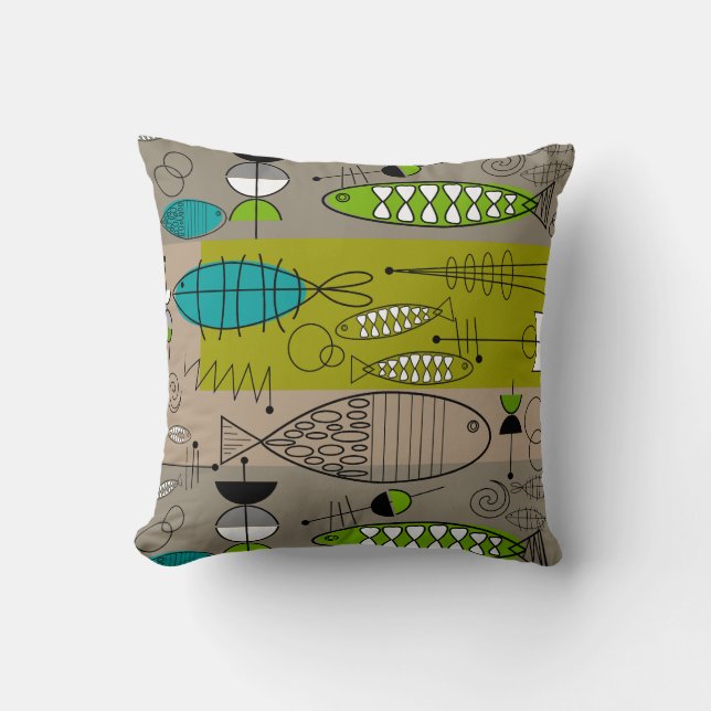 Mid-Century Whimsical Fish Art Teal Brown Cushion (Front)