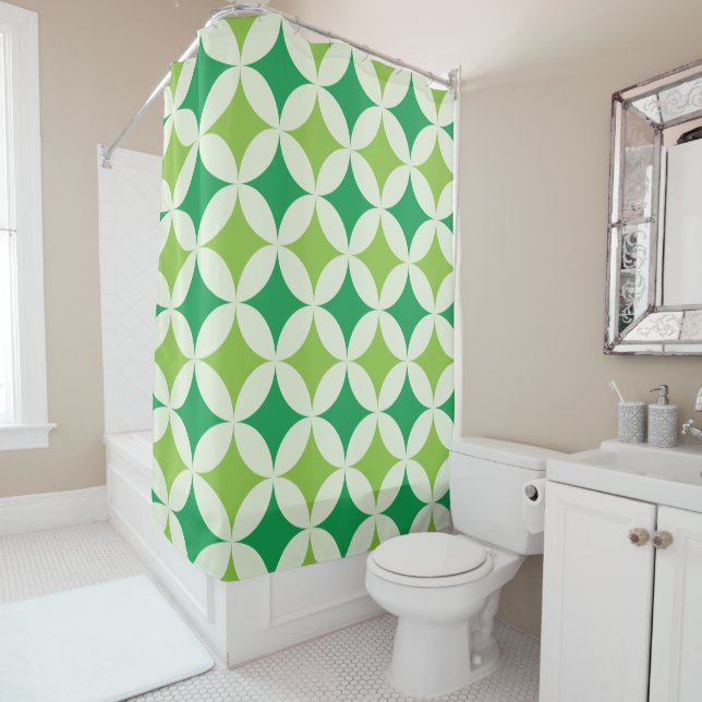 Mid Century White and Green Starbursts on Circles  Shower Curtain (In Situ)