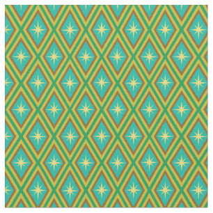 Mid Century Yellow Stars on Retro diamonds Pattern Fabric