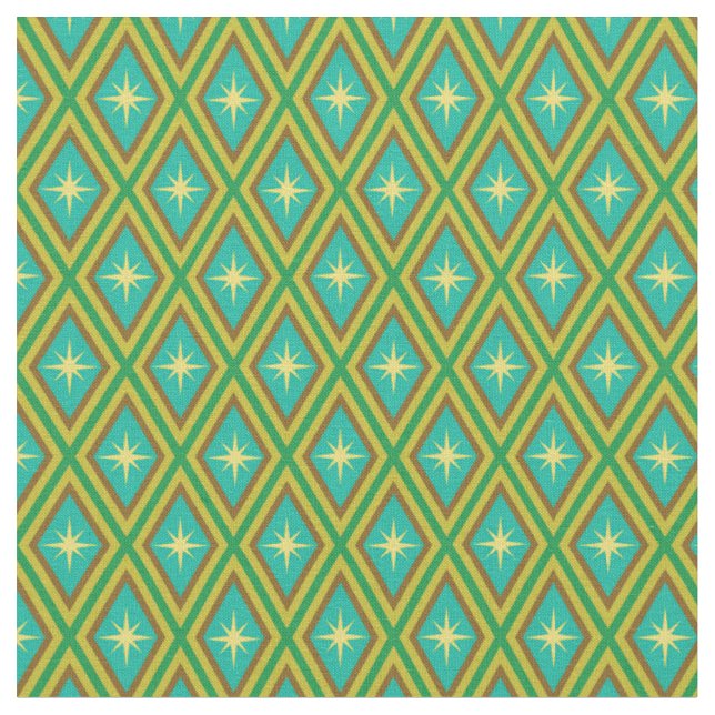Mid Century Yellow Stars on Retro diamonds Pattern Fabric (Close Up)