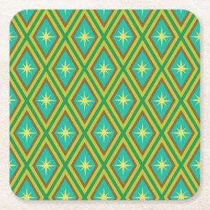 Mid Century Yellow Stars on Retro diamonds Pattern Square Paper Coaster