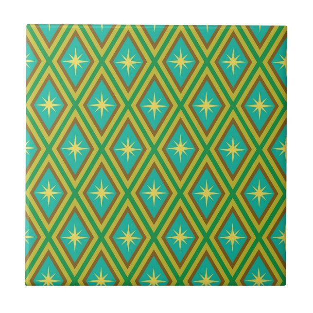 Mid Century Yellow Stars on Retro diamonds Pattern Tile (Front)