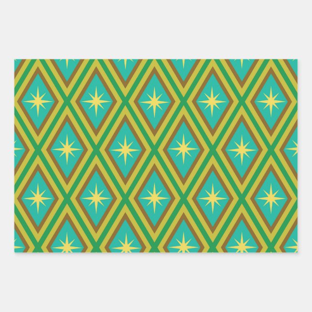 Mid Century Yellow Stars on Retro diamonds Pattern Wrapping Paper Sheet (Front)