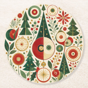 Mid-Century Yuletide Mosaic Round Paper Coaster