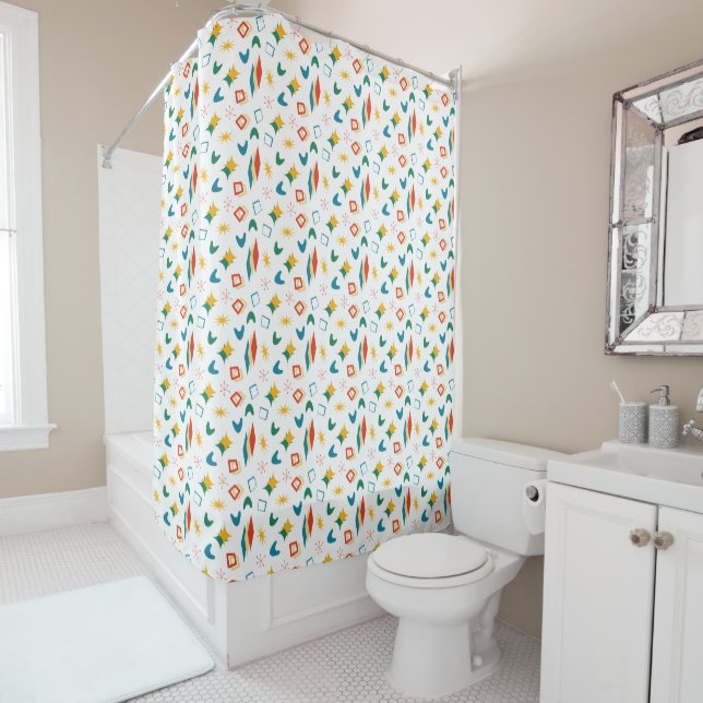 Mid Mod Atomic Mid-Century Modern Shapes Retro Shower Curtain (In Situ)