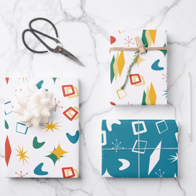 Mid Mod Atomic Mid-Century Modern Shapes Retro Wrapping Paper Sheet (Front)