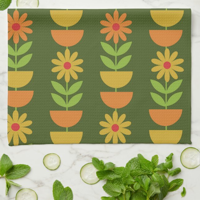 Mid Mod Flowers with geometric half circles  Tea Towel (Folded)