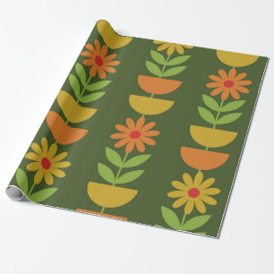 Mid Mod Flowers with geometric half circles Wrapping Paper