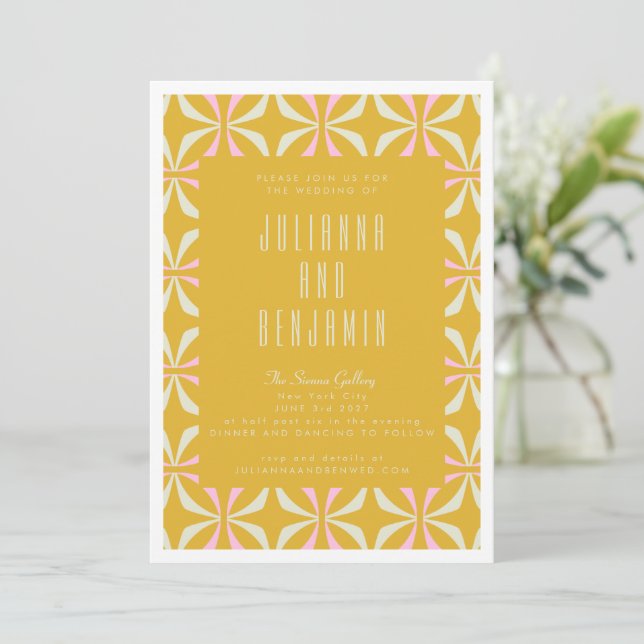 Mid Mod Geometric Yellow and Pink Wedding Invitation (Standing Front)