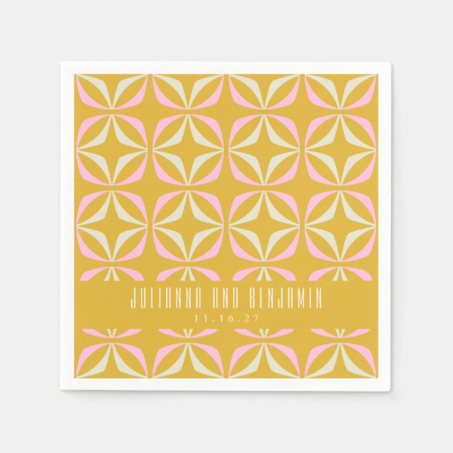 Mid Mod Geometric Yellow Pink Custom Wedding Napkin (Front)