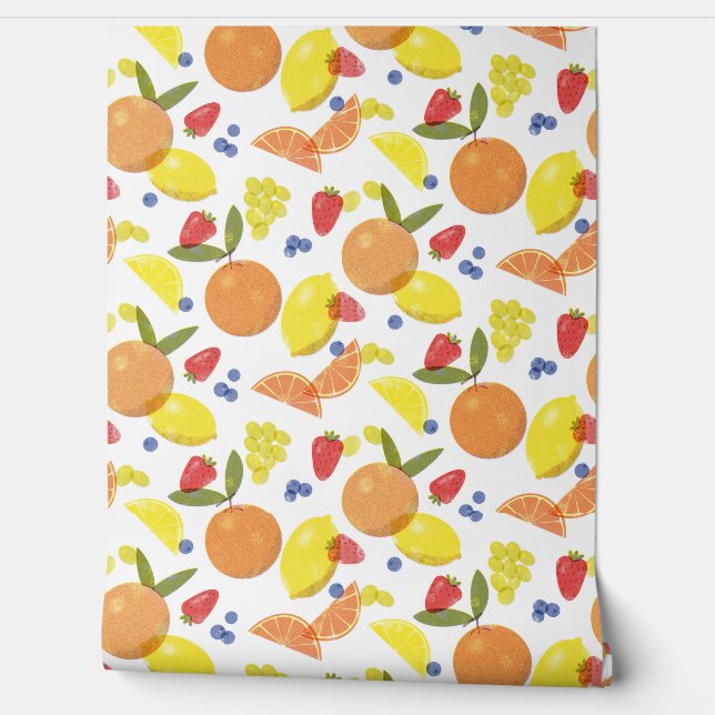 Mid Mod Grungy Risograph Kitchen Fruit Wallpaper (Unrolling)