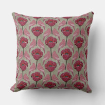 Mid Mod Magenta Poppies & Birds Throw Pillow