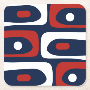 Mid Mod Piquet Pattern Red White and Blue Square Paper Coaster