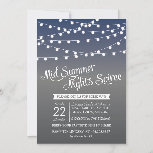 Mid Summer Night String Light Dinner Party Invite (Front)