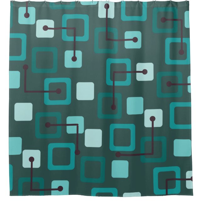 Midcentury 1950s Tiles & Squares Teal Shower Curtain (Front)
