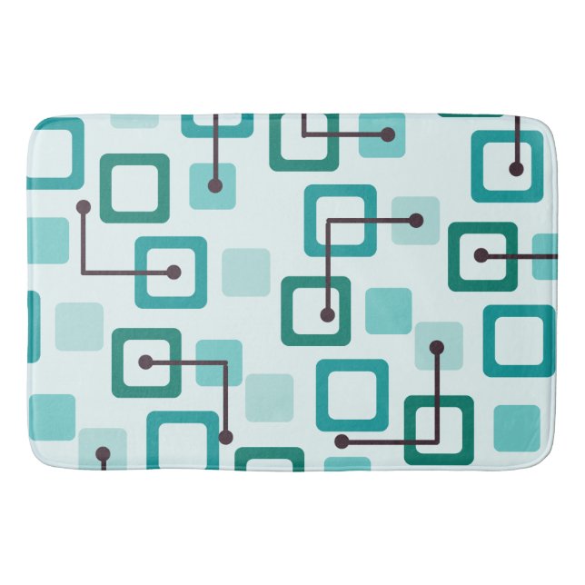 Midcentury 1950s Tiles & Squares Turquoise Bath Mat (Front)
