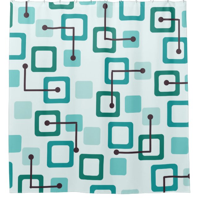 Midcentury 1950s Tiles & Squares Turquoise Shower Curtain (Front)