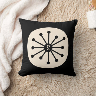 Midcentury Atomic Dot Cute Retro Black Initial Cushion