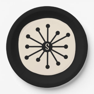 Midcentury Atomic Dot Cute Retro Black Initial Paper Plate