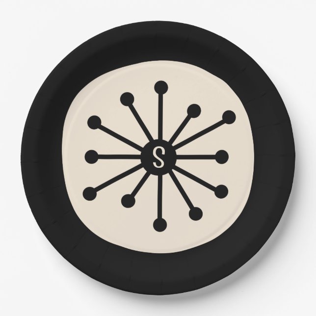 Midcentury Atomic Dot Cute Retro Black Initial Paper Plate (Front)
