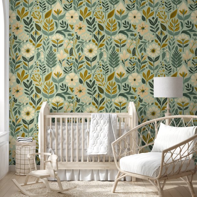 Midcentury Boho Floral Wildflowers Flowers Blue  Wallpaper (Kids)