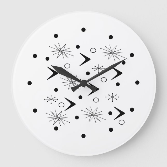 Midcentury Boomerangs Starbursts Black White Large Clock (Front)