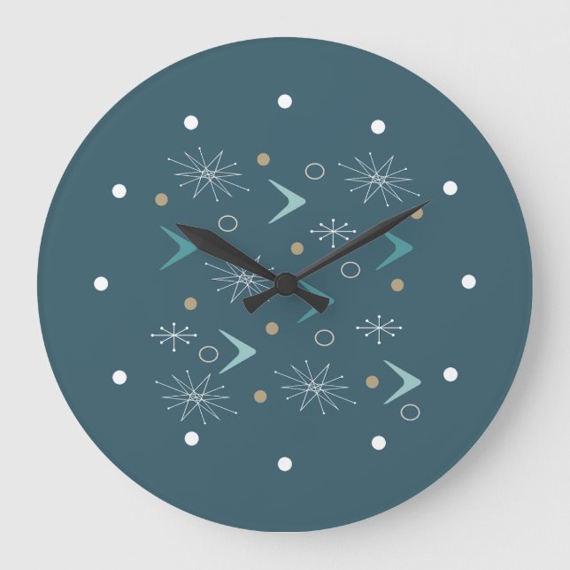 Midcentury Boomerangs Starbursts Teal Gold Large Clock (Front)