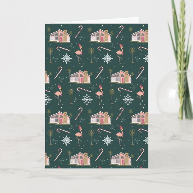 Midcentury Christmas Pink House Palm Tree Pattern  Holiday Card (Front)
