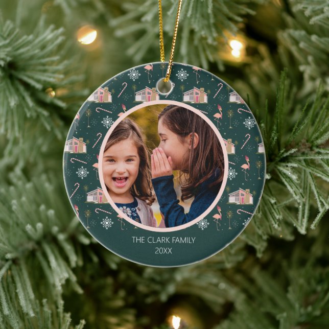 Midcentury Christmas Pink House Palm Tree Photo Ceramic Tree Decoration (Tree)