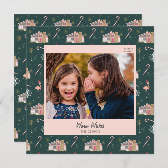 Midcentury Christmas Pink House Palm Tree Photo  Holiday Card (Front/Back)