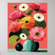 Midcentury Floral Still Life Coral Wall Art