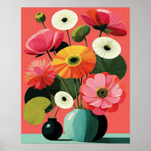 Midcentury Floral Still Life Coral Wall Art