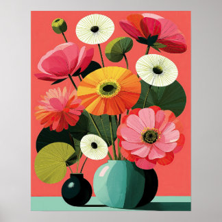 Midcentury Floral Still Life Coral Wall Art