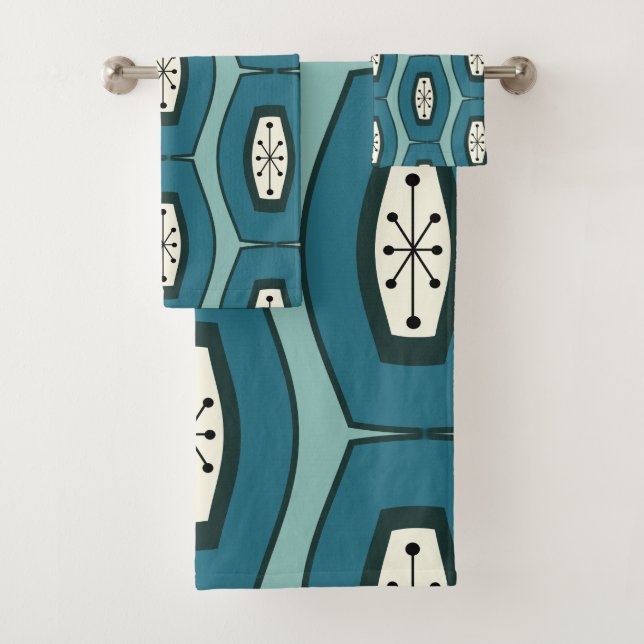 Midcentury Funky Chain Turquoise Bath Towel Set (Insitu)