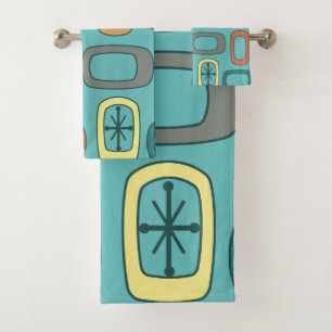 Midcentury MCM Rounded Rectangles Aquamarine Bath Towel Set