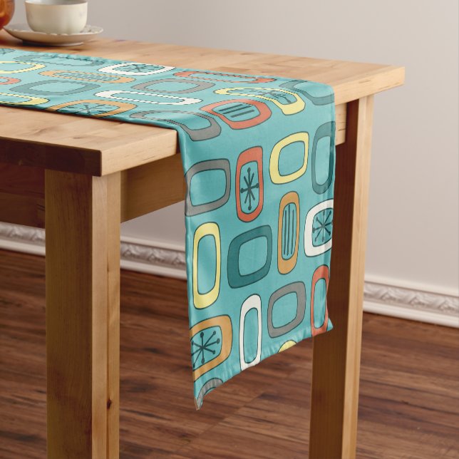 Midcentury MCM Rounded Rectangles Aquamarine Short Table Runner (In Situ)