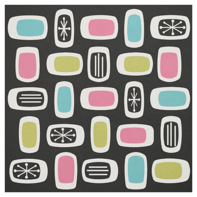 Midcentury MCM Rounded Rectangles Black Colorful Fabric (Swatch)
