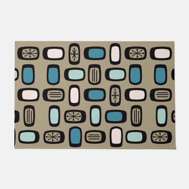 Midcentury MCM Rounded Rectangles Gold Blue Doormat (Front)