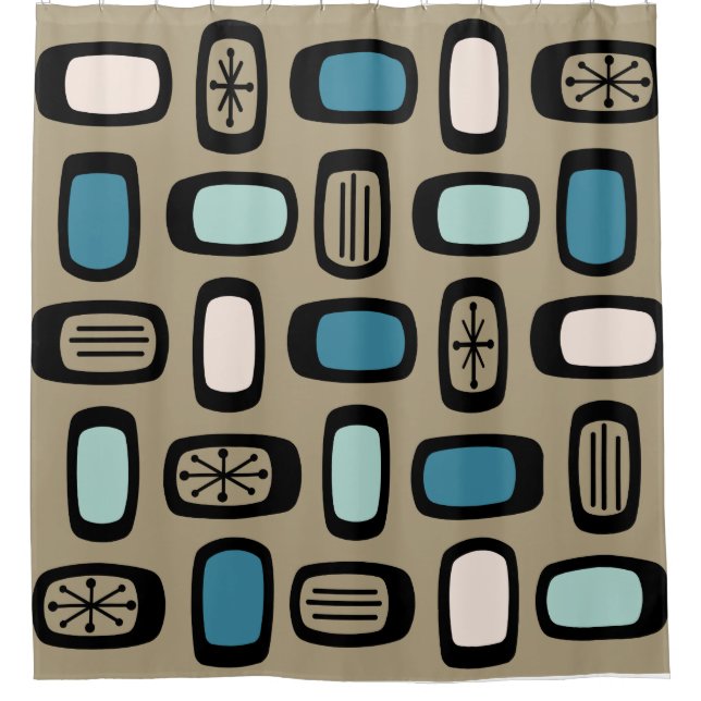 Midcentury MCM Rounded Rectangles Gold Blue Shower Curtain (Front)