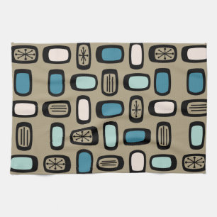Midcentury MCM Rounded Rectangles Gold Blue Tea Towel