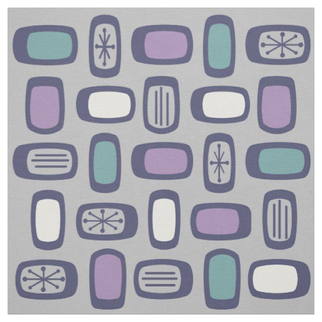 Midcentury MCM Rounded Rectangles Gray Purple Fabric (Swatch)