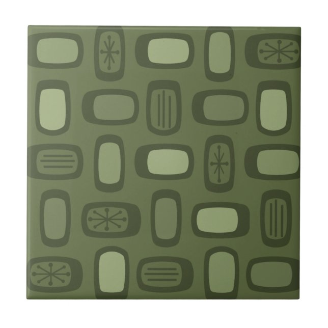 Midcentury MCM Rounded Rectangles Olive Green Tile (Front)