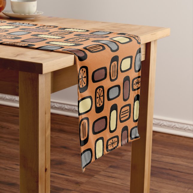 Midcentury MCM Rounded Rectangles Orange Brown Short Table Runner (In Situ)
