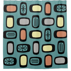 Midcentury MCM Rounded Rectangles Turquoise Colorf Shower Curtain