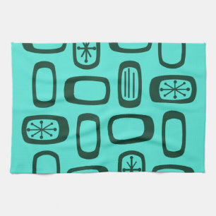 Midcentury MCM Rounded Rectangles Turquoise Tea Towel