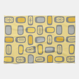 Midcentury MCM Rounded Rectangles Yellow Grey Tea Towel