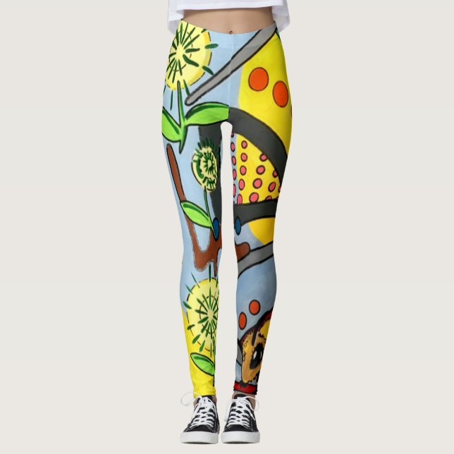 'MidCentury Mod Abstract Garden Bee' painting on a Leggings (Front)