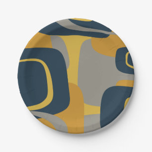 Midcentury Modern Abstract 2 Mustard Navy Grey Paper Plate
