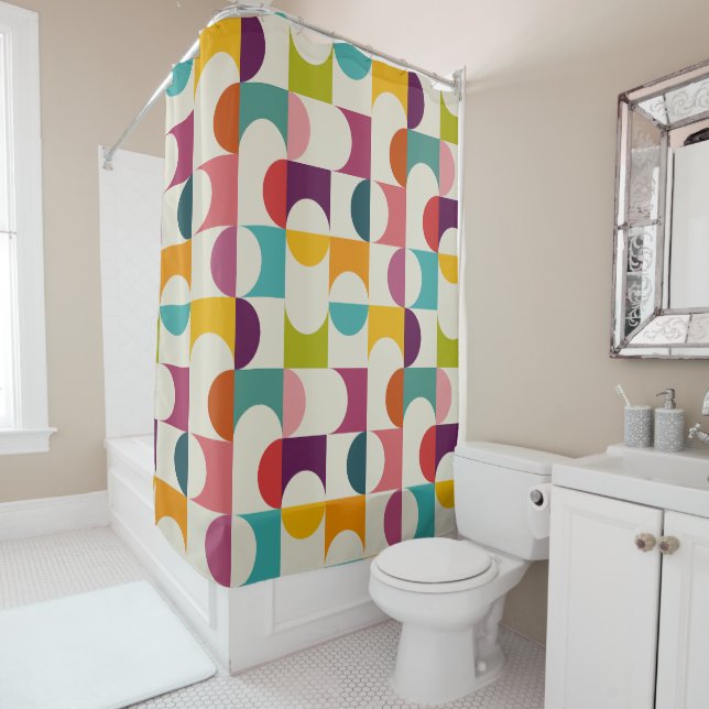 Midcentury Modern Abstract Geometric Print Shower Curtain (In Situ)