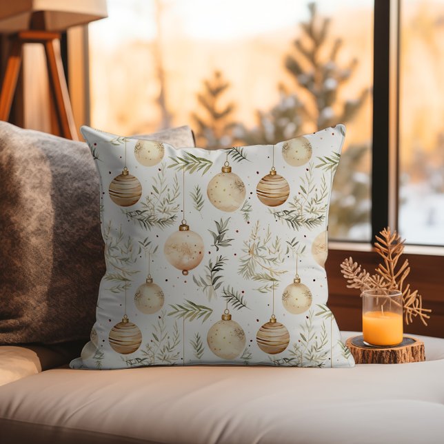 Midcentury Modern Christmas Ornaments Boho Neutral Cushion (Neutral Beige Tan Boho Christmas Midcentury Modern Ornaments Throw Pillow - Vintage Xmas Tree)